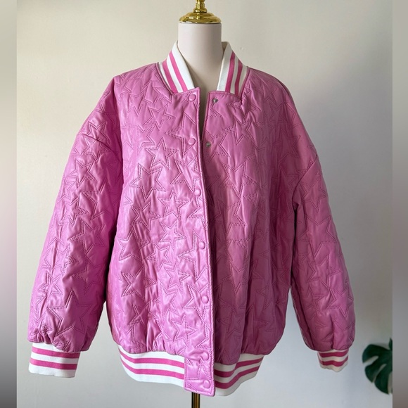 SHEIN Jackets & Blazers - PU leather Stars Pink Bomber Jacket